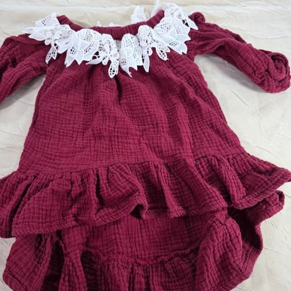 Kids Burgundy Muslin Gauze Boho Dress Lace Collar Ruffle Hem Long Sleeve Wine